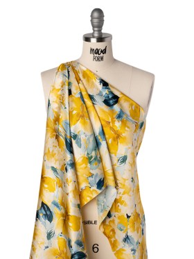 Silk Charmeuse Print 16MM, Made in Italy – Yellow and Dark Teal Watercolor Flower Garden Silk Charmeuse Print 16MM, Made in Italy – Yellow and Dark Teal Watercolor Flower Garden