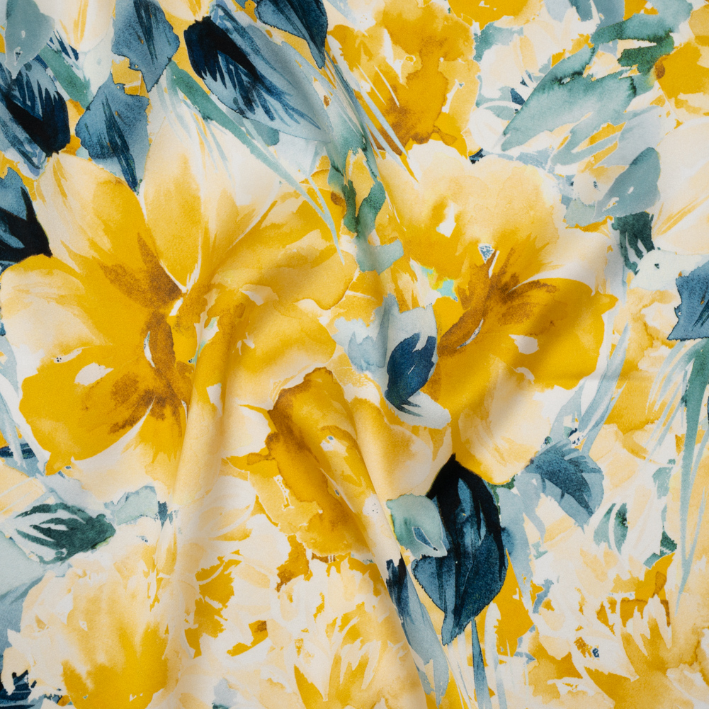 Silk Charmeuse Print 16MM, Made in Italy – Yellow and Dark Teal Watercolor Flower Garden Silk Charmeuse Print 16MM, Made in Italy – Yellow and Dark Teal Watercolor Flower Garden