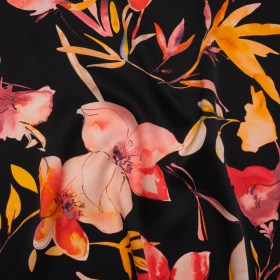 Silk Charmeuse Print 16MM, Made in Italy – Black, Orange and Red Illustrated Watercolor Flowers Silk Charmeuse Print 16MM, Made in Italy – Black, Orange and Red Illustrated Watercolor Flowers