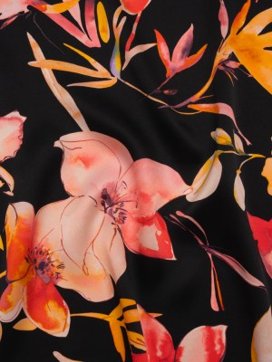 Silk Charmeuse Print 16MM, Made in Italy – Black, Orange and Red Illustrated Watercolor Flowers Silk Charmeuse Print 16MM, Made in Italy – Black, Orange and Red Illustrated Watercolor Flowers