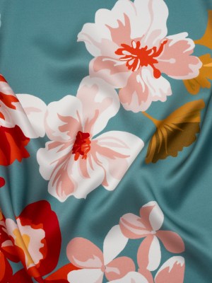 Silk Charmeuse Print 16MM, Made in Italy – Muted Blue, Red and Black Big Floral Border Silk Charmeuse Print 16MM, Made in Italy – Muted Blue, Red and Black Big Floral Border