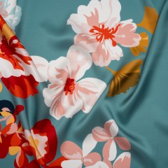 Silk Charmeuse Print 16MM, Made in Italy – Muted Blue, Red and Black Big Floral Border Silk Charmeuse Print 16MM, Made in Italy – Muted Blue, Red and Black Big Floral Border