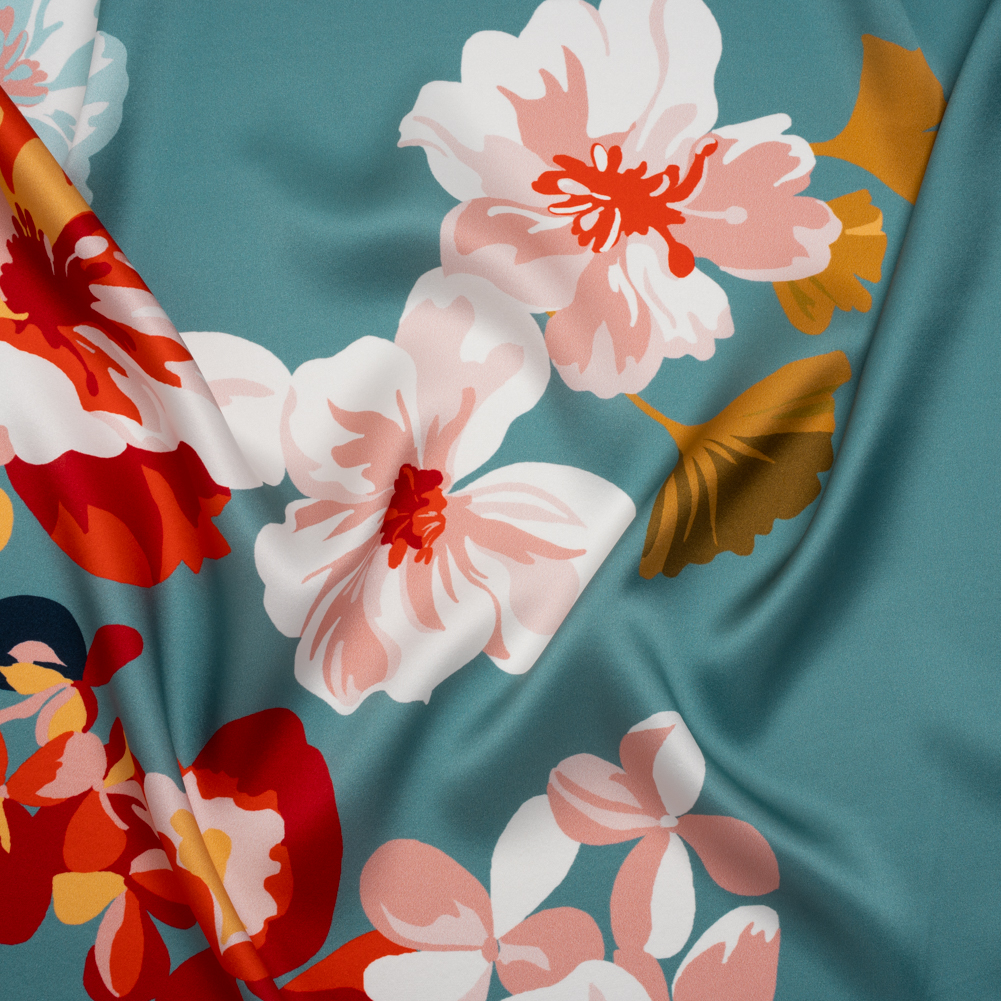 Silk Charmeuse Print 16MM, Made in Italy – Muted Blue, Red and Black Big Floral Border Silk Charmeuse Print 16MM, Made in Italy – Muted Blue, Red and Black Big Floral Border