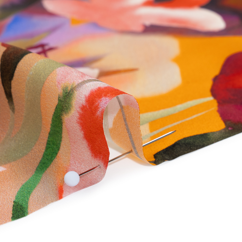 Silk Charmeuse Print 16MM, Made in Italy – Orange, Goldenrod and Multicolor Watercolor Floral Border Silk Charmeuse Print 16MM, Made in Italy – Orange, Goldenrod and Multicolor Watercolor Floral Border