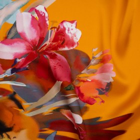 Silk Charmeuse Print 16MM, Made in Italy – Orange, Goldenrod and Multicolor Watercolor Floral Border Silk Charmeuse Print 16MM, Made in Italy – Orange, Goldenrod and Multicolor Watercolor Floral Border