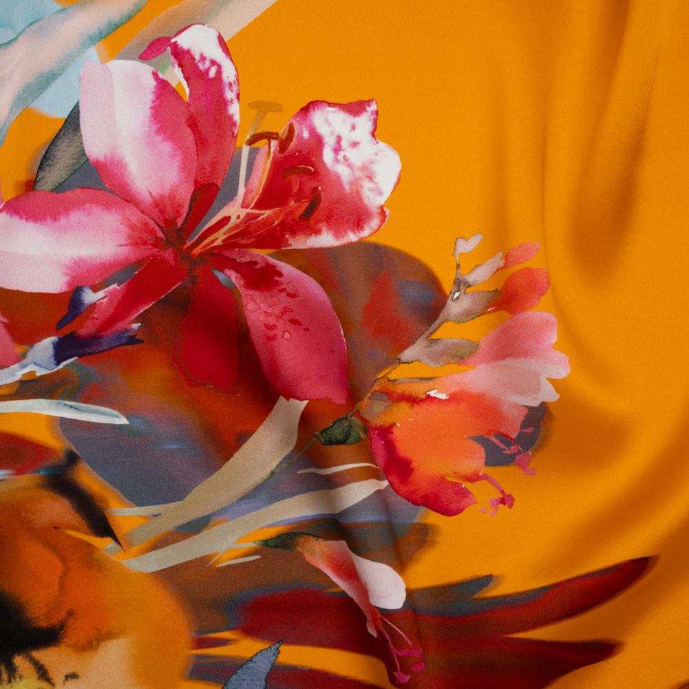 Silk Charmeuse Print 16MM, Made in Italy – Orange, Goldenrod and Multicolor Watercolor Floral Border Silk Charmeuse Print 16MM, Made in Italy – Orange, Goldenrod and Multicolor Watercolor Floral Border