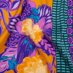 Silk Charmeuse Print 16MM, Made in Italy – Golden Yellow, Purple and Teal Floral and Abstract Stripes Silk Charmeuse Print 16MM, Made in Italy – Golden Yellow, Purple and Teal Floral and Abstract Stripes