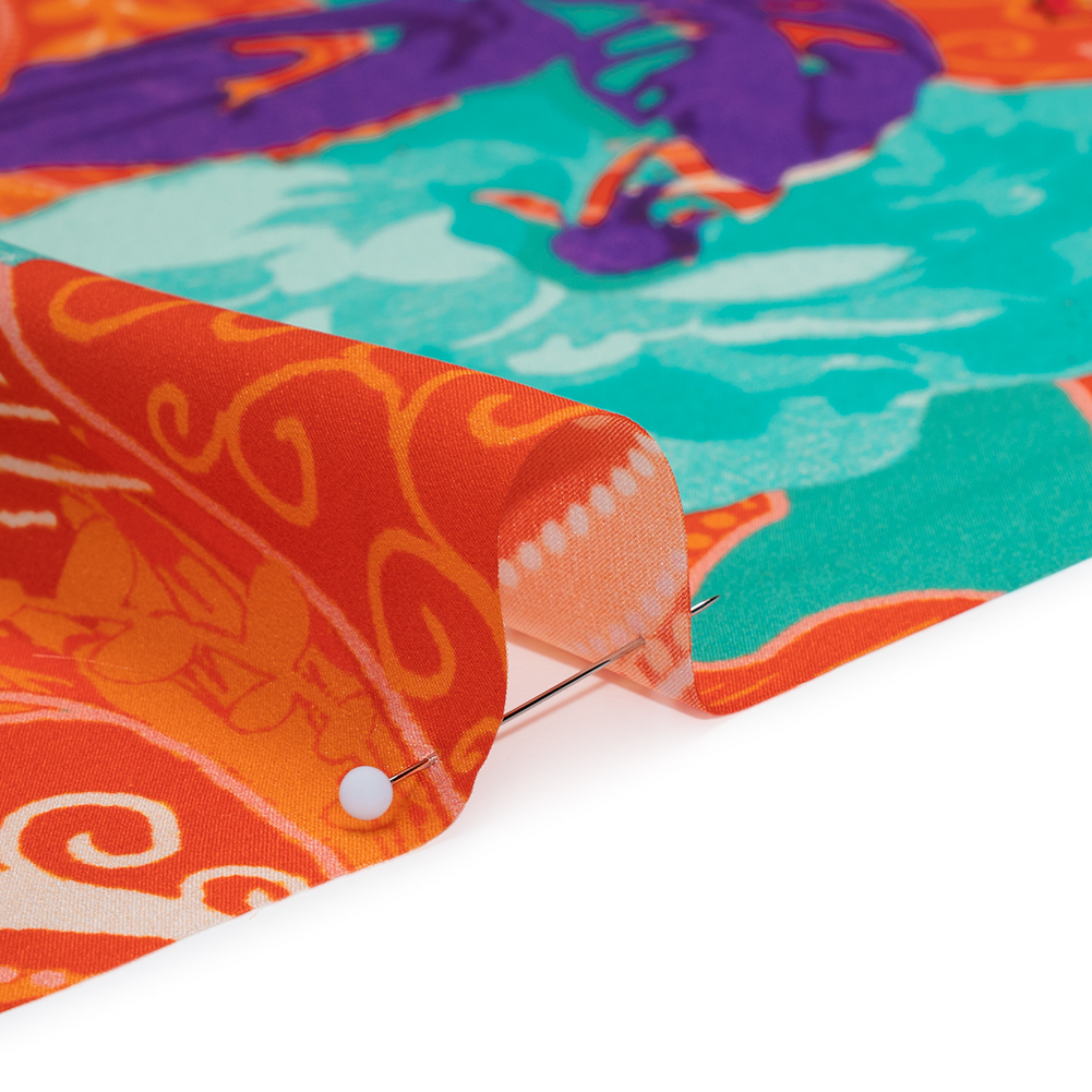 Silk Charmeuse Print 16MM, Made in Italy – Orange, Dark Mint and Purple Floral and Abstract Stripes Silk Charmeuse Print 16MM, Made in Italy – Orange, Dark Mint and Purple Floral and Abstract Stripes