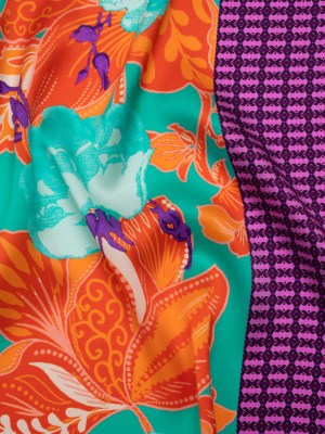 Silk Charmeuse Print 16MM, Made in Italy – Orange, Dark Mint and Purple Floral and Abstract Stripes Silk Charmeuse Print 16MM, Made in Italy – Orange, Dark Mint and Purple Floral and Abstract Stripes