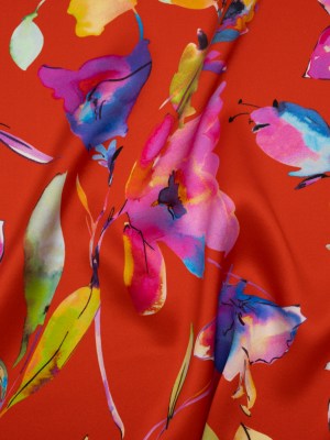 Silk Charmeuse Print 16MM, Made in Italy – Red and Rainbow Illustrated Watercolor Flowers Silk Charmeuse Print 16MM, Made in Italy – Red and Rainbow Illustrated Watercolor Flowers
