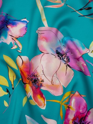 Silk Charmeuse Print 16MM, Made in Italy – Turquoise, Pink and Multicolor Illustrated Watercolor Flowers Silk Charmeuse Print 16MM, Made in Italy – Turquoise, Pink and Multicolor Illustrated Watercolor Flowers