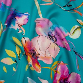 Silk Charmeuse Print 16MM, Made in Italy – Turquoise, Pink and Multicolor Illustrated Watercolor Flowers Silk Charmeuse Print 16MM, Made in Italy – Turquoise, Pink and Multicolor Illustrated Watercolor Flowers