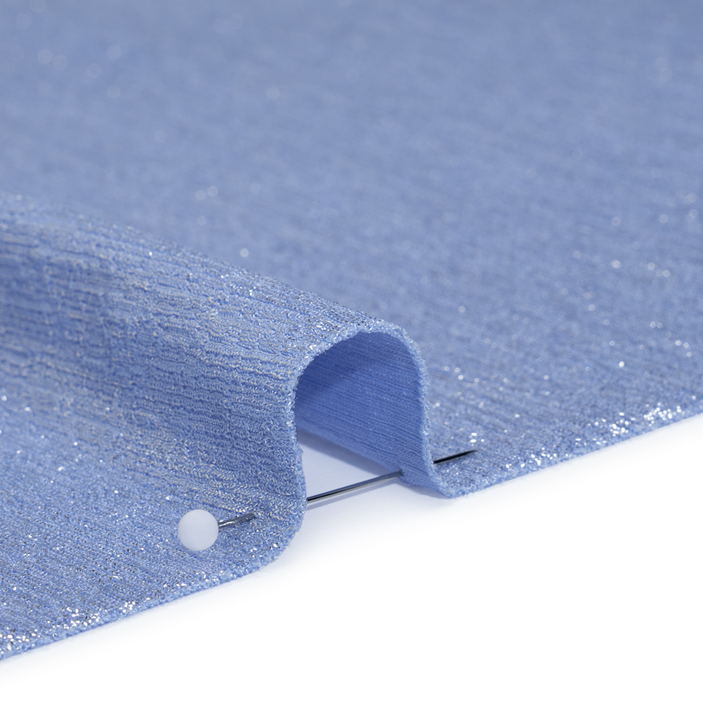 Metallic Foiled Uneven Stretch Rib Knit – Silver on Sky Blue – Estelle Collection Metallic Foiled Uneven Stretch Rib Knit – Silver on Sky Blue – Estelle Collection