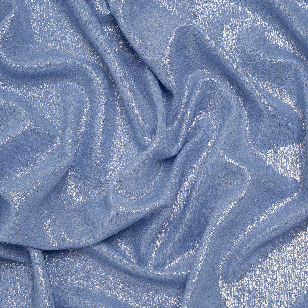 Metallic Foiled Uneven Stretch Rib Knit – Silver on Sky Blue – Estelle Collection Metallic Foiled Uneven Stretch Rib Knit – Silver on Sky Blue – Estelle Collection