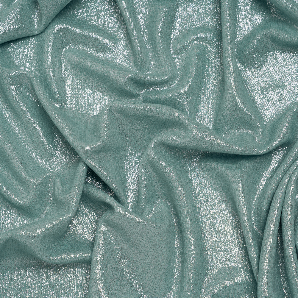 Metallic Foiled Uneven Stretch Rib Knit – Silver on Mint – Estelle Collection Metallic Foiled Uneven Stretch Rib Knit – Silver on Mint – Estelle Collection
