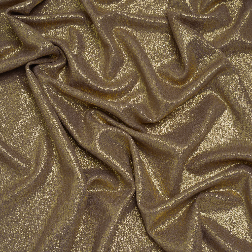 Metallic Foiled Uneven Stretch Rib Knit – Gold on Taupe – Estelle Collection Metallic Foiled Uneven Stretch Rib Knit – Gold on Taupe – Estelle Collection