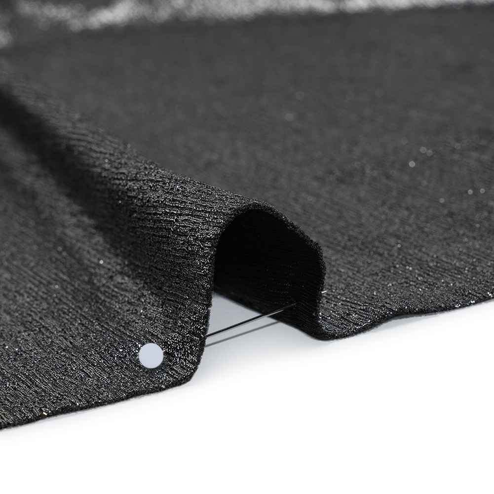 Metallic Foiled Uneven Stretch Rib Knit – Silver on Black – Estelle Collection Metallic Foiled Uneven Stretch Rib Knit – Silver on Black – Estelle Collection