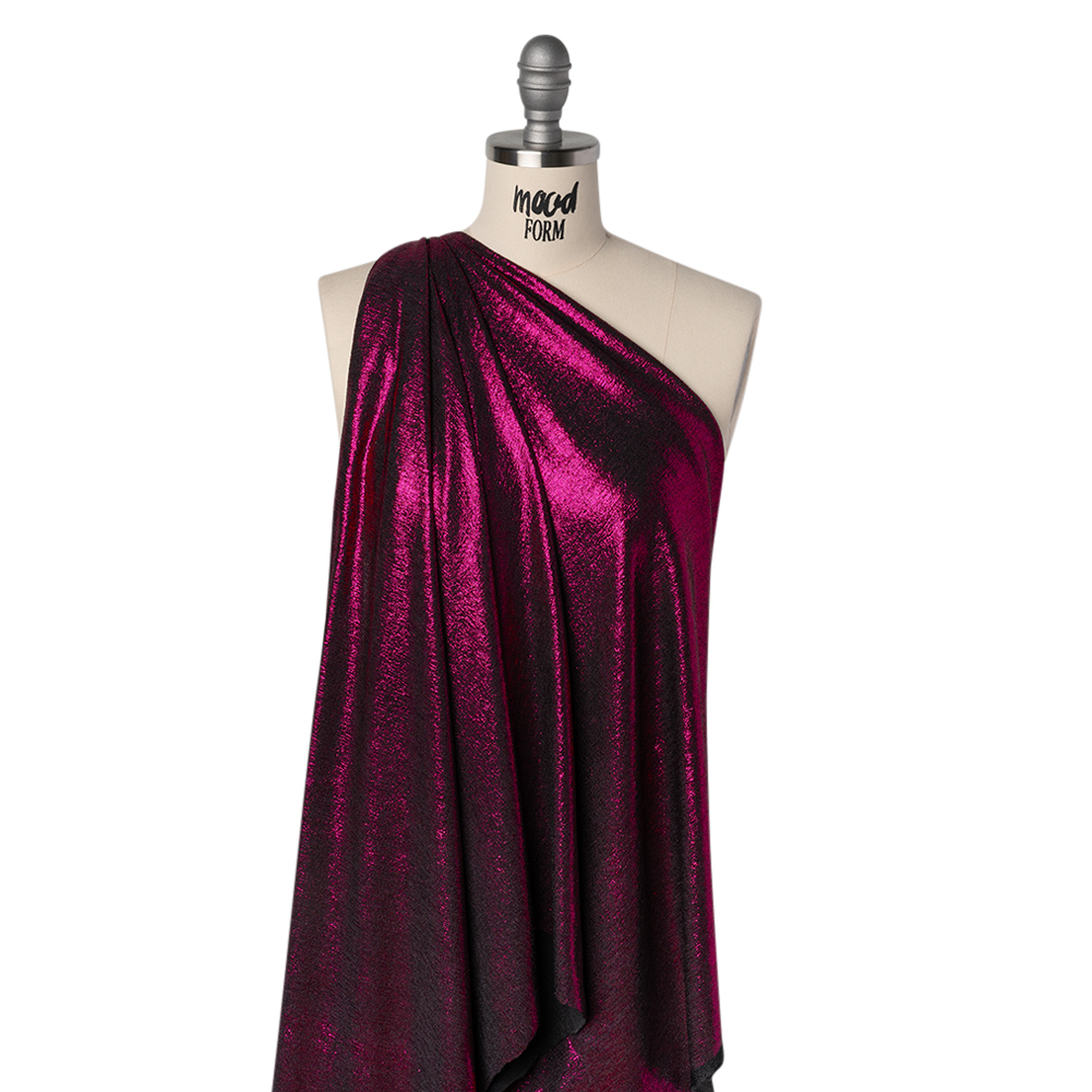 Metallic Foiled Uneven Stretch Rib Knit – Fuchsia on Black – Estelle Collection Metallic Foiled Uneven Stretch Rib Knit – Fuchsia on Black – Estelle Collection