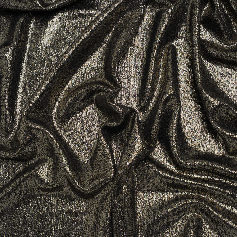 Metallic Foiled Uneven Stretch Rib Knit – Light Gold on Black – Estelle Collection Metallic Foiled Uneven Stretch Rib Knit – Light Gold on Black – Estelle Collection