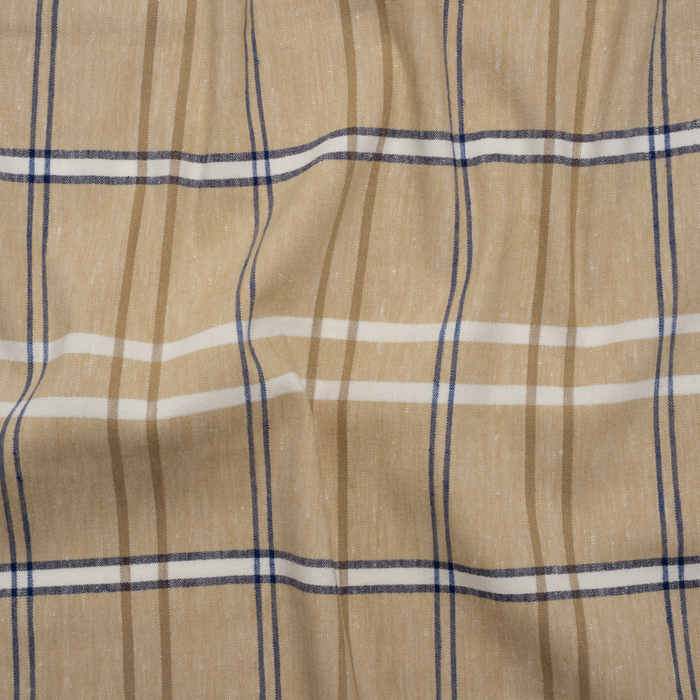 Stretch Linen Woven – Beige, Navy and White Plaid with Metallic Silver Accents Stretch Linen Woven – Beige, Navy and White Plaid with Metallic Silver Accents