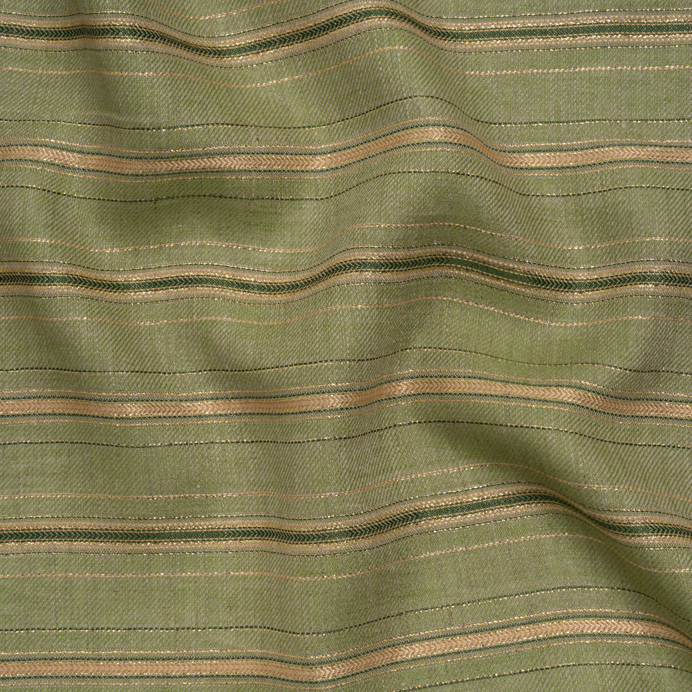 Metallic Linen Twill – Gold, Pesto Green and Beige Railroaded Stripes Metallic Linen Twill – Gold, Pesto Green and Beige Railroaded Stripes