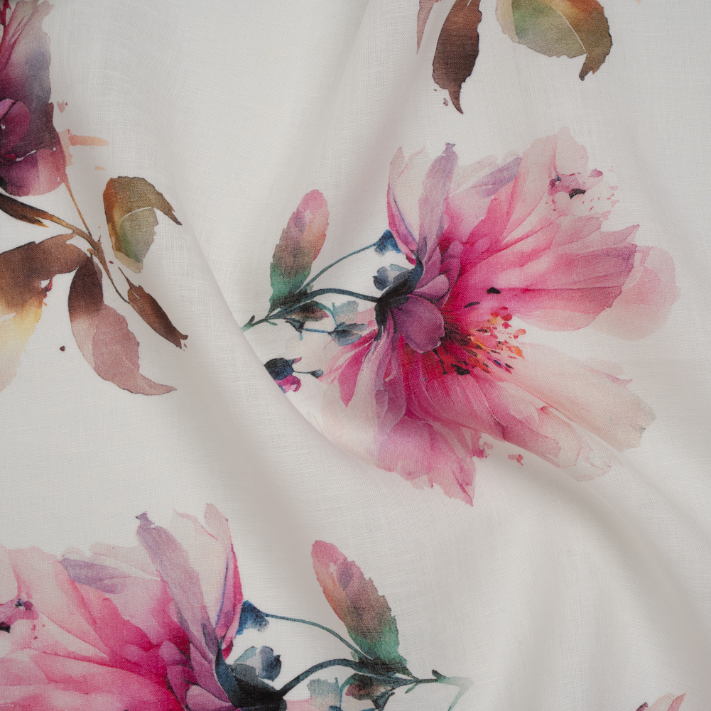 Medium Weight Linen Woven Print – Fuschia Pink on White Wild Roses Medium Weight Linen Woven Print – Fuschia Pink on White Wild Roses