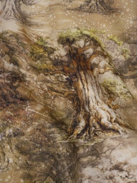 Medium Weight Linen Woven Print – Sand Beige and Green Giant Trees Medium Weight Linen Woven Print – Sand Beige and Green Giant Trees