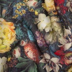 Medium Weight Linen Woven Print – Yellow, Red and Dark Green Mythical Garden Medium Weight Linen Woven Print – Yellow, Red and Dark Green Mythical Garden