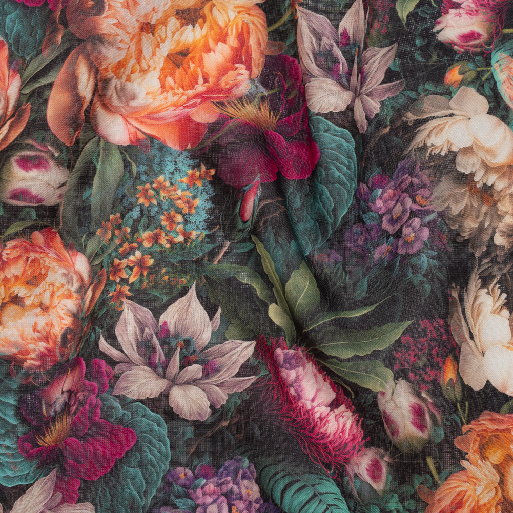 Medium Weight Linen Woven Print – Red Violet, Peach and Dark Green Mythical Garden Medium Weight Linen Woven Print – Red Violet, Peach and Dark Green Mythical Garden