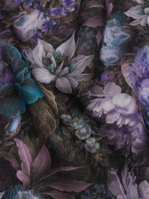 Medium Weight Linen Woven Print – Lilac, Dark Teal and Taupe Mythical Garden Medium Weight Linen Woven Print – Lilac, Dark Teal and Taupe Mythical Garden