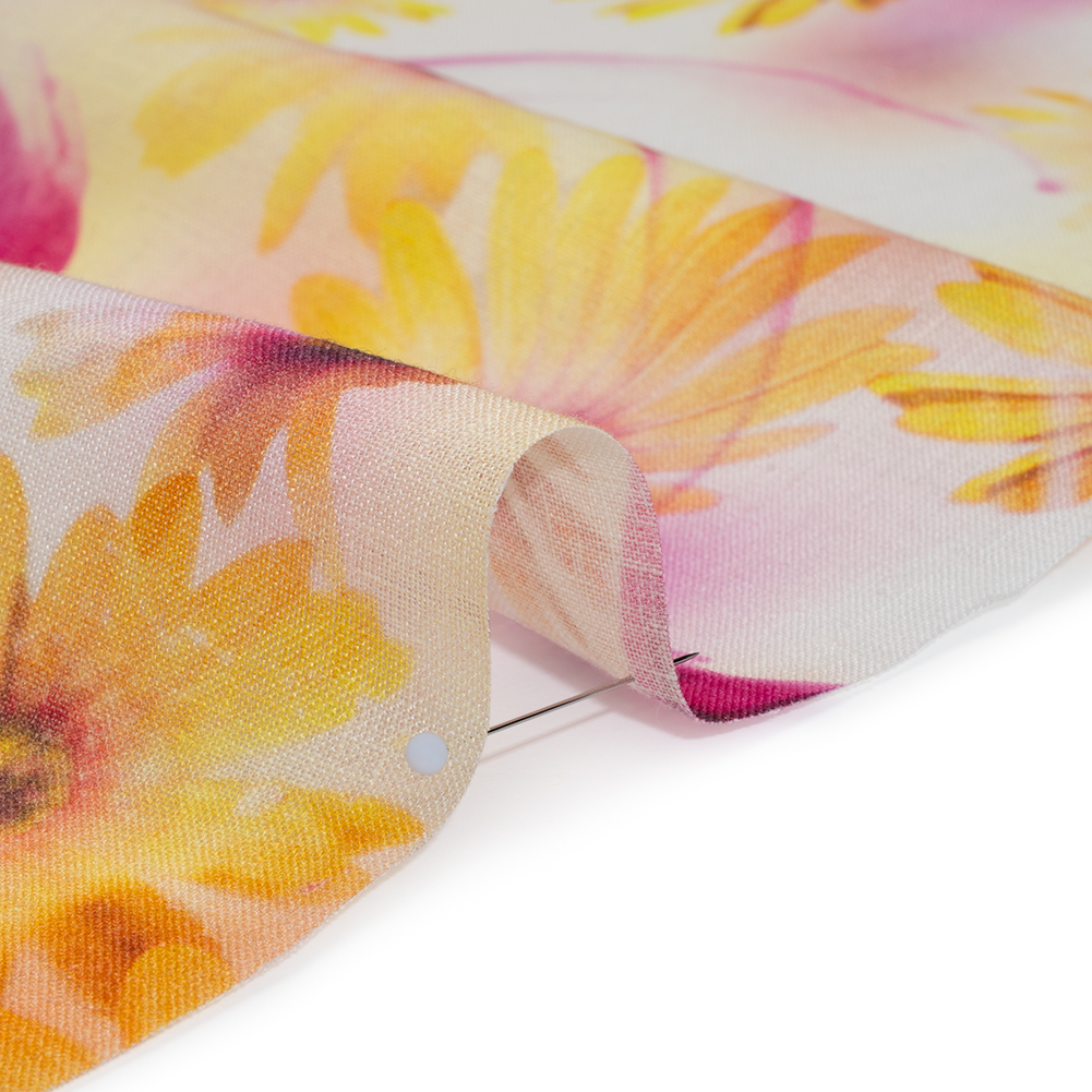 Medium Weight Linen Woven Print – Fuchsia Pink and Bright Yellow Sunflower Garden Medium Weight Linen Woven Print – Fuchsia Pink and Bright Yellow Sunflower Garden