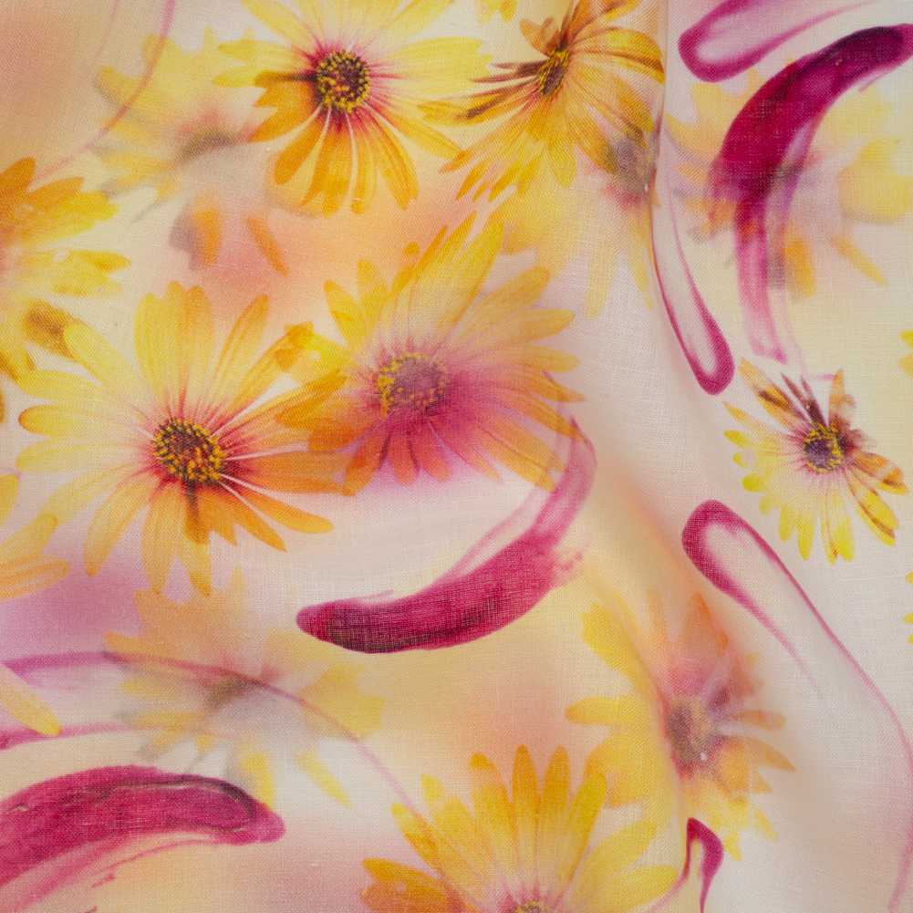 Medium Weight Linen Woven Print – Fuchsia Pink and Bright Yellow Sunflower Garden Medium Weight Linen Woven Print – Fuchsia Pink and Bright Yellow Sunflower Garden