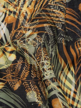 Medium Weight Linen Woven Print – Sage Green, Amber and Black Elegant Palm Silhouettes Medium Weight Linen Woven Print – Sage Green, Amber and Black Elegant Palm Silhouettes