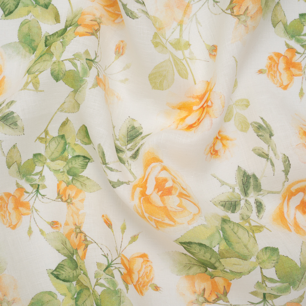 Medium Weight Linen Woven Print – Orange and Green on White Little Roses Medium Weight Linen Woven Print – Orange and Green on White Little Roses