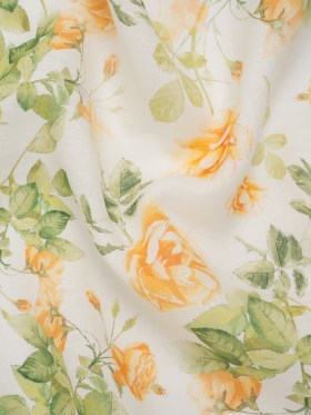 Medium Weight Linen Woven Print – Orange and Green on White Little Roses Medium Weight Linen Woven Print – Orange and Green on White Little Roses