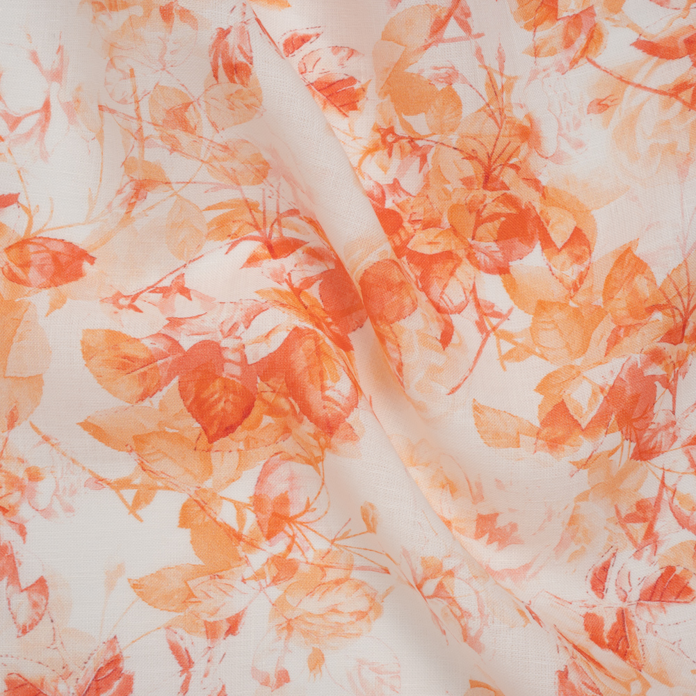Medium Weight Linen Woven Print – Orange and Red on White Airy Leaves Medium Weight Linen Woven Print – Orange and Red on White Airy Leaves