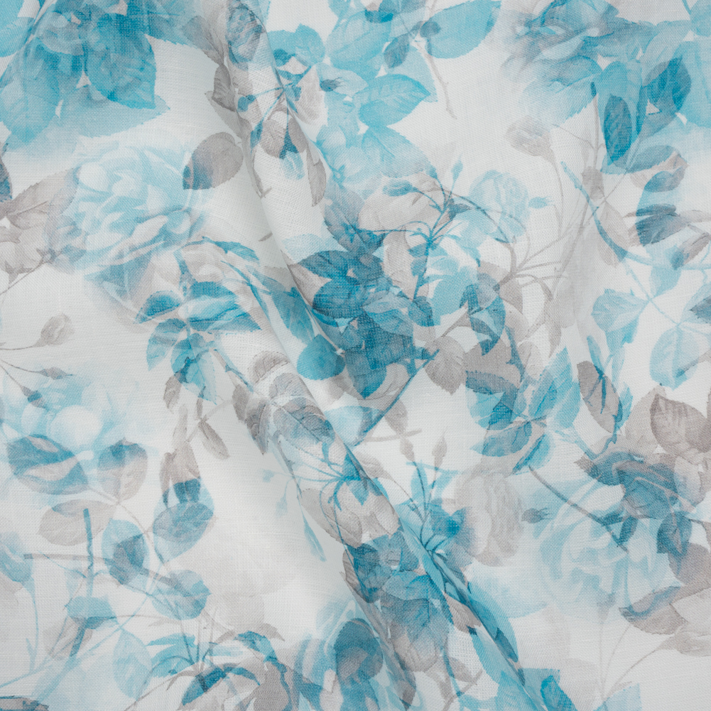 Medium Weight Linen Woven Print – Aqua and Gray on White Airy Leaves Medium Weight Linen Woven Print – Aqua and Gray on White Airy Leaves