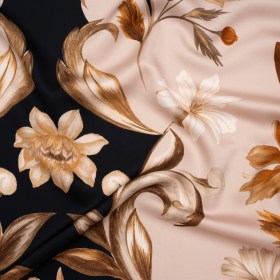 Polyester Satin – Black, Beige and Brown Flower Vine Stripes – Mood Exclusive Fleur de Rocaille Print Polyester Satin – Black, Beige and Brown Flower Vine Stripes – Mood Exclusive Fleur de Rocaille Print