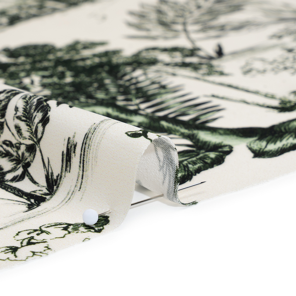 Polyester Satin – White and Green Plants and Horses – Mood Exclusive Bridle and Branch Print Polyester Satin – White and Green Plants and Horses – Mood Exclusive Bridle and Branch Print