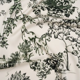 Polyester Satin – White and Green Plants and Horses – Mood Exclusive Bridle and Branch Print Polyester Satin – White and Green Plants and Horses – Mood Exclusive Bridle and Branch Print