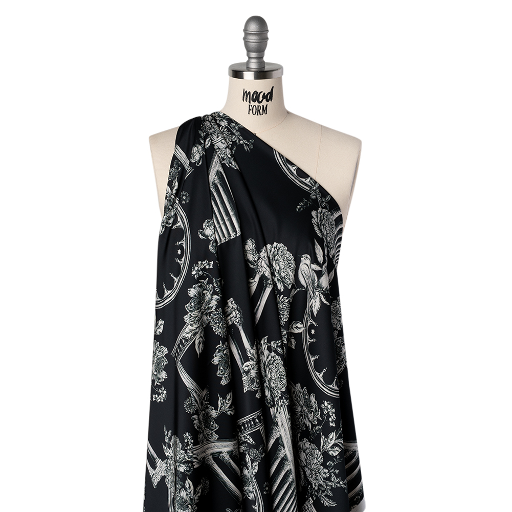 Polyester Satin – White on Black Flowers and Columns – Mood Exclusive Petal Pillars Print Polyester Satin – White on Black Flowers and Columns – Mood Exclusive Petal Pillars Print