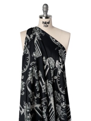 Polyester Satin – White on Black Flowers and Columns – Mood Exclusive Petal Pillars Print Polyester Satin – White on Black Flowers and Columns – Mood Exclusive Petal Pillars Print