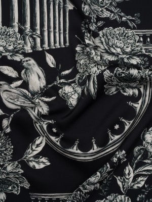 Polyester Satin – White on Black Flowers and Columns – Mood Exclusive Petal Pillars Print Polyester Satin – White on Black Flowers and Columns – Mood Exclusive Petal Pillars Print