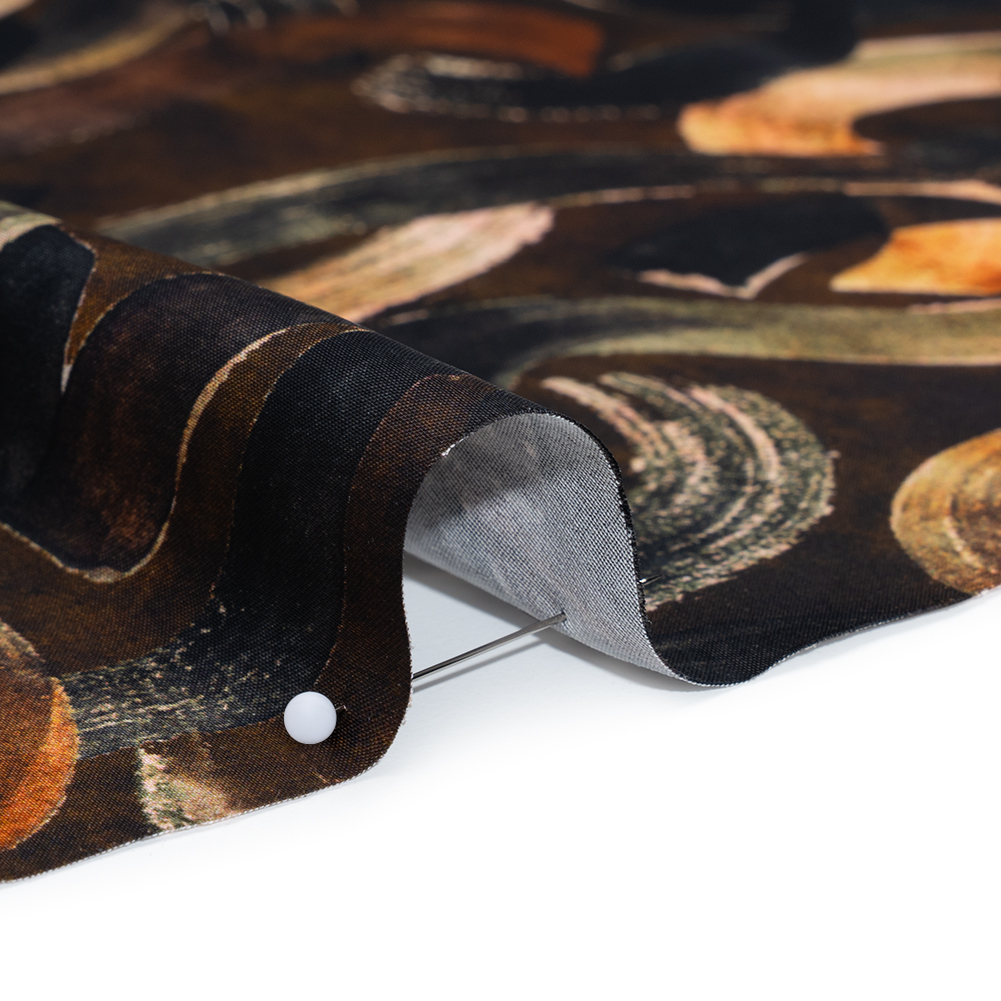 Polyester Satin – Brown, Black and Burnt Orange Painted Ribbons – Mood Exclusive Ruststroke Wrap Print Polyester Satin – Brown, Black and Burnt Orange Painted Ribbons – Mood Exclusive Ruststroke Wrap Print