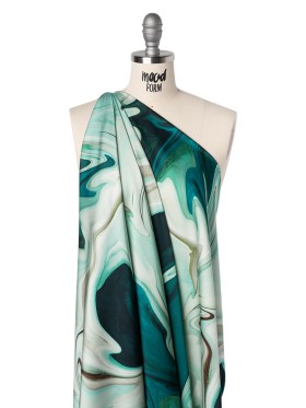 Polyester Satin – Sea Green and Beige Liquid Swirls – Mood Exclusive Liquid Motion Print Polyester Satin – Sea Green and Beige Liquid Swirls – Mood Exclusive Liquid Motion Print