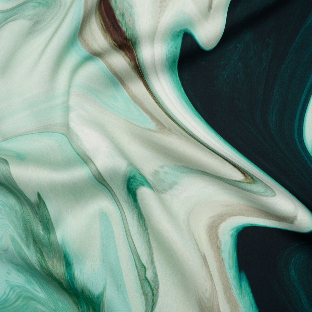 Polyester Satin – Sea Green and Beige Liquid Swirls – Mood Exclusive Liquid Motion Print Polyester Satin – Sea Green and Beige Liquid Swirls – Mood Exclusive Liquid Motion Print