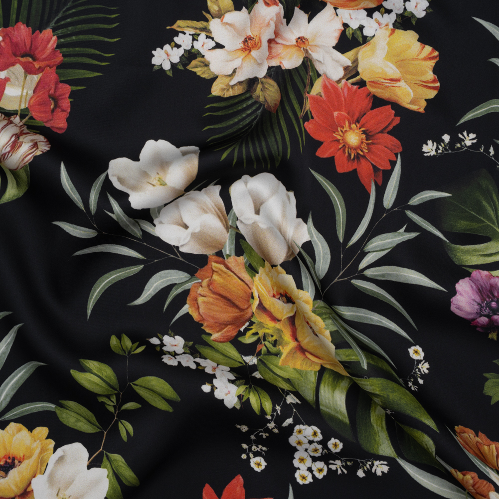 Polyester Satin – Red, Yellow and Black Floral – Mood Exclusive Midnight Bloom Print Polyester Satin – Red, Yellow and Black Floral – Mood Exclusive Midnight Bloom Print