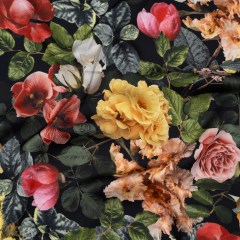 Polyester Satin – Red, Yellow and Green Photorealistic Florals – Mood Exclusive Petals After Dark Print Polyester Satin – Red, Yellow and Green Photorealistic Florals – Mood Exclusive Petals After Dark Print