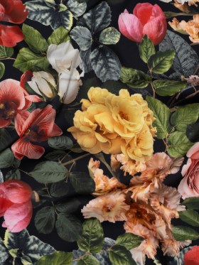 Polyester Satin – Red, Yellow and Green Photorealistic Florals – Mood Exclusive Petals After Dark Print Polyester Satin – Red, Yellow and Green Photorealistic Florals – Mood Exclusive Petals After Dark Print