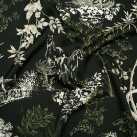 Polyester Satin – Dark Green and White Plants and Horses – Mood Exclusive Bridle and Branch Print Polyester Satin – Dark Green and White Plants and Horses – Mood Exclusive Bridle and Branch Print
